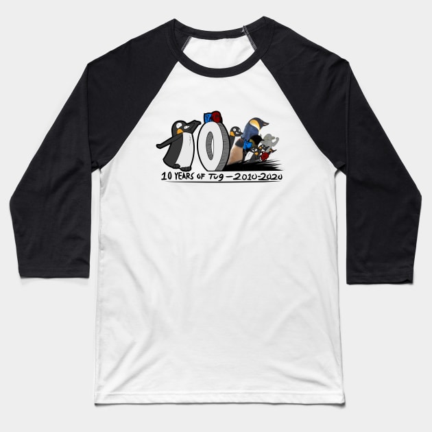 10 Years of Tug the Penguin! Baseball T-Shirt by CacklingPumpkins